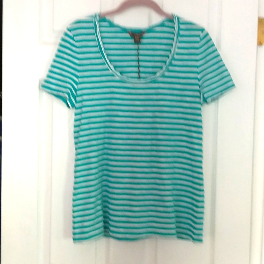 Teal and white striped top. Size M